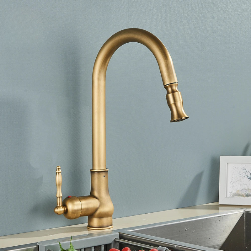 Antique Brass Gooseneck Kitchen Faucet Pull-Down