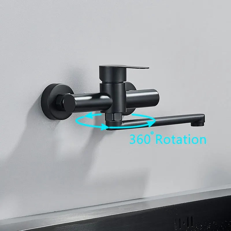 Wall-Mounted Matte Black Swivel Kitchen Faucet