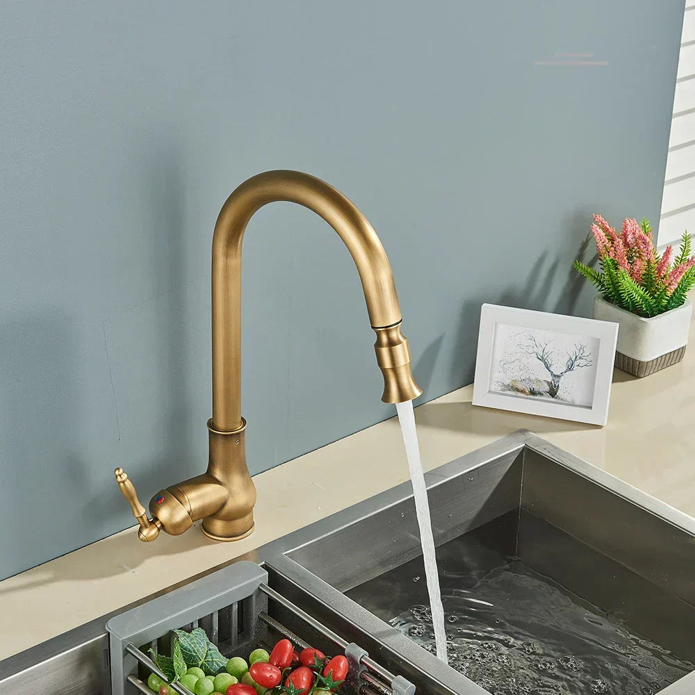 Antique Brass Gooseneck Kitchen Faucet Pull-Down