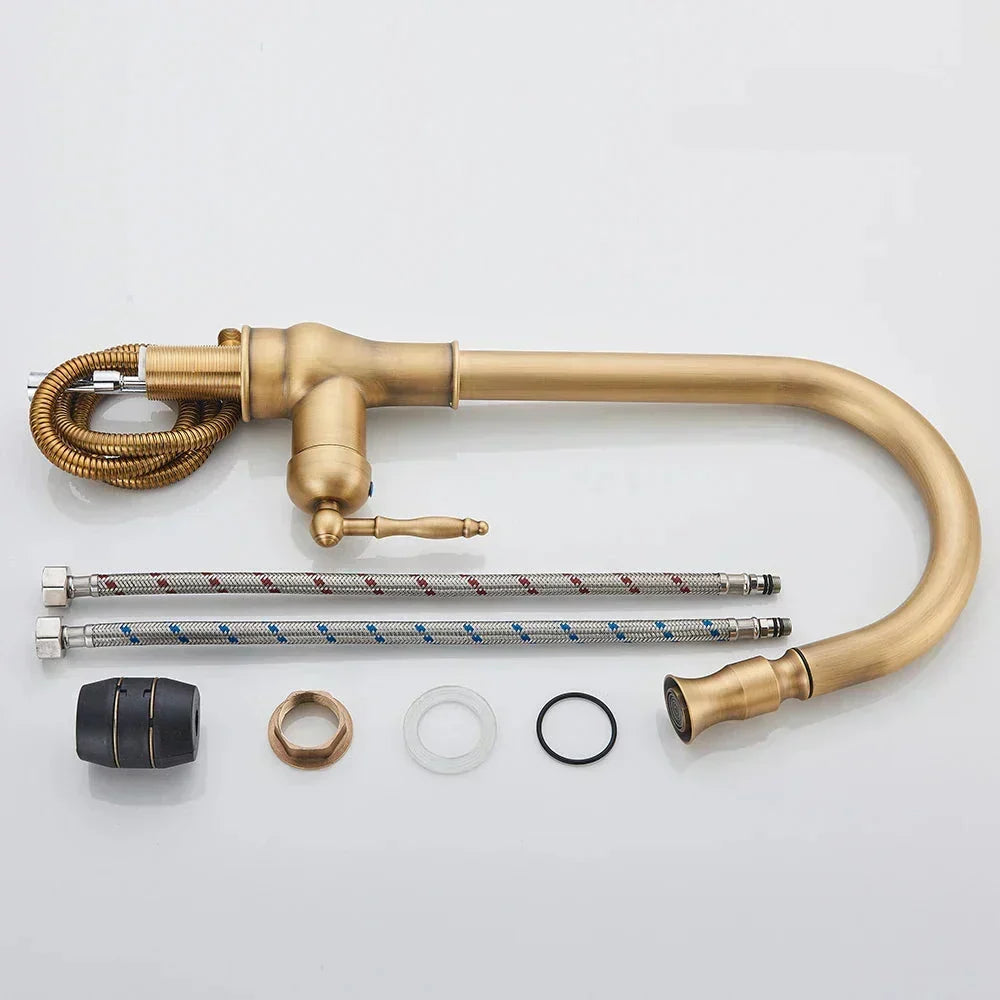 Antique Brass Gooseneck Kitchen Faucet Pull-Down