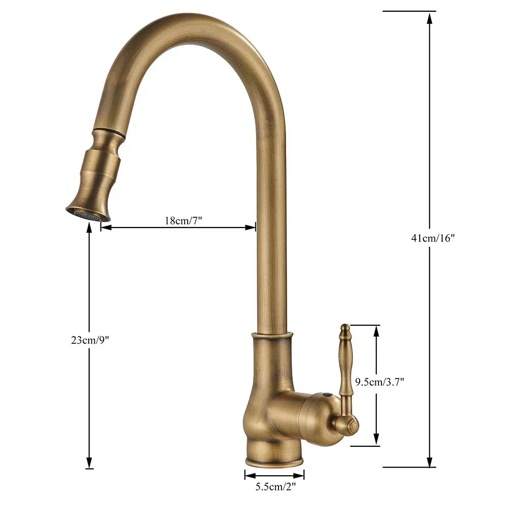 Antique Brass Gooseneck Kitchen Faucet Pull-Down