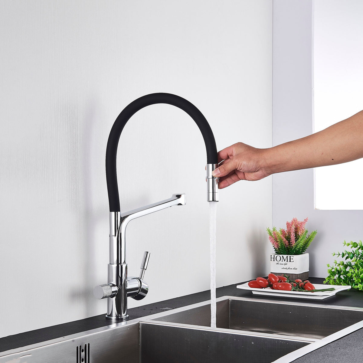 Sleek White Kitchen Faucet with Black Pull-Down Sprayer