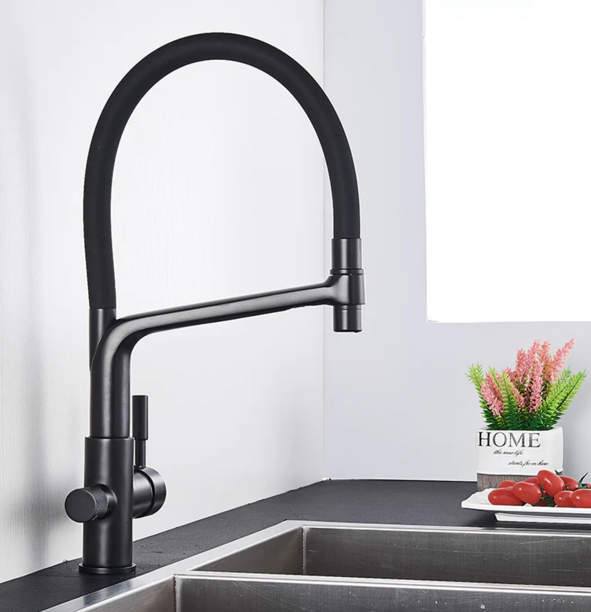 Sleek White Kitchen Faucet with Black Pull-Down Sprayer