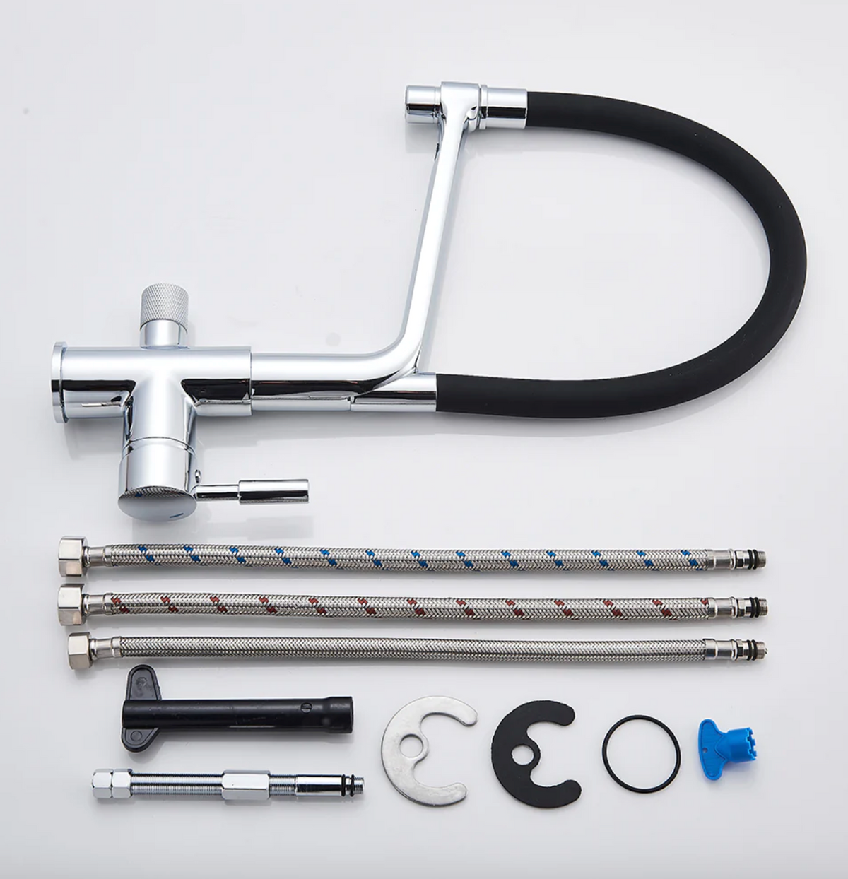 Sleek White Kitchen Faucet with Black Pull-Down Sprayer