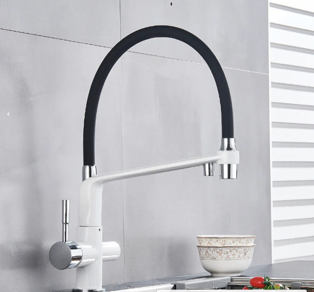 Sleek White Kitchen Faucet with Black Pull-Down Sprayer