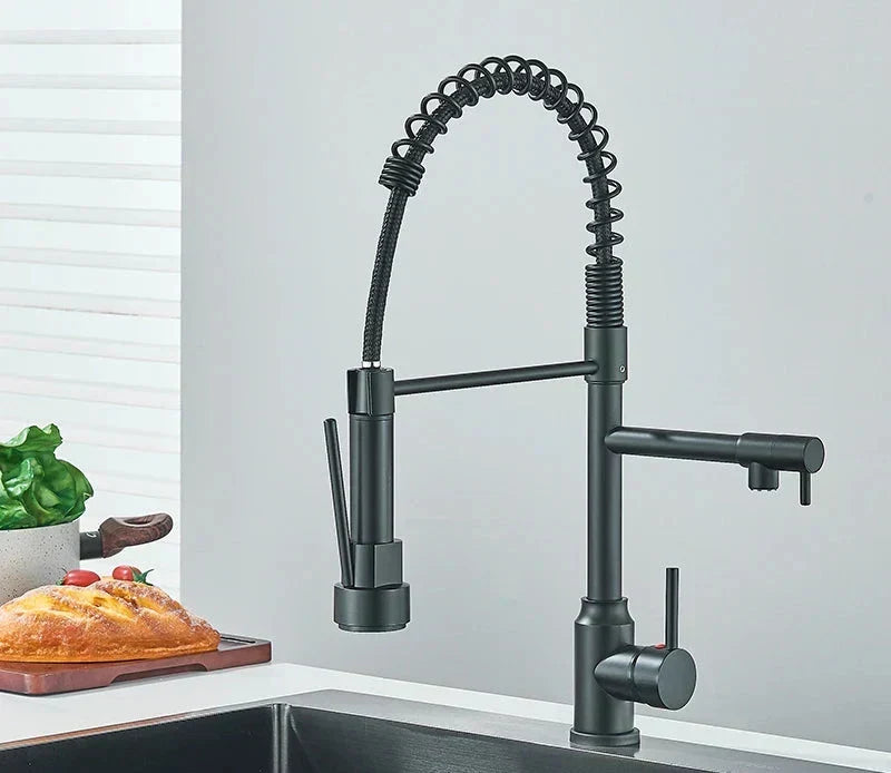 Kitchen faucet with chrome finish and flexible spout