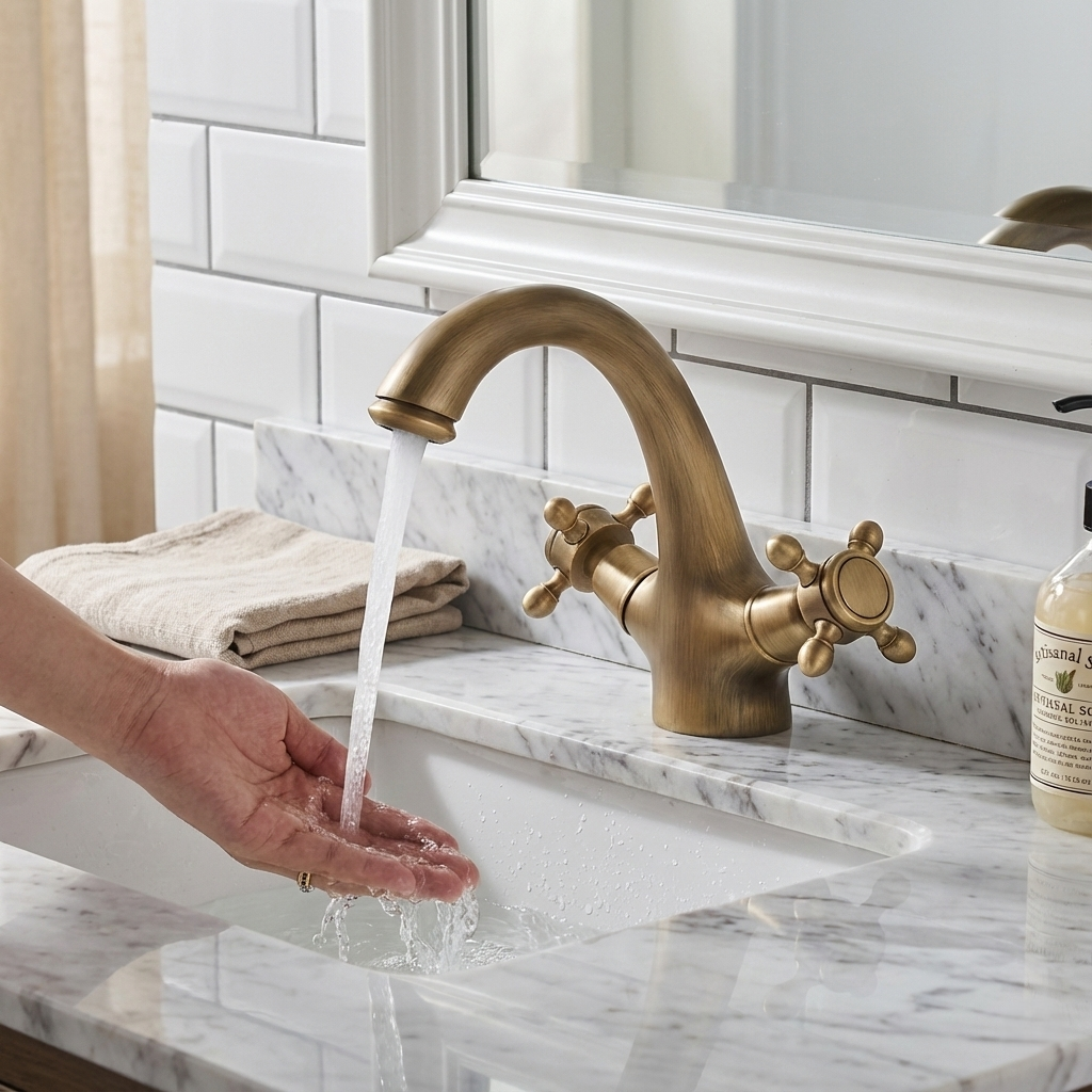 Antique Brass Basin Faucet with Cross Handles