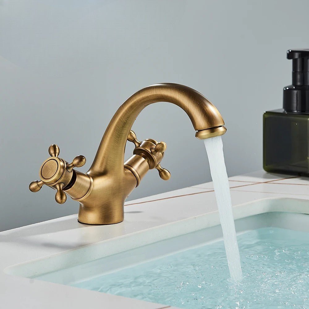 Antique Brass Basin Faucet with Cross Handles