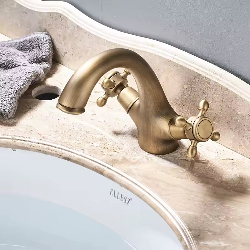 Antique Brass Basin Faucet with Cross Handles