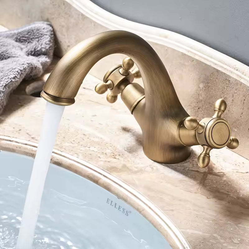 Antique Brass Basin Faucet with Cross Handles