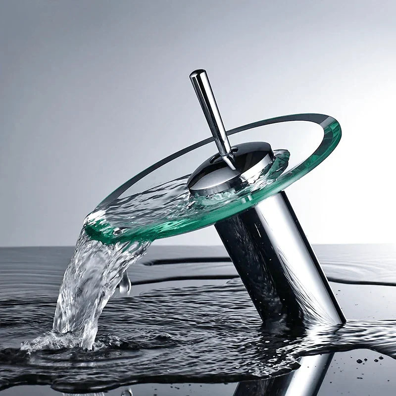 Clear glass and chrome waterfall faucet, side view