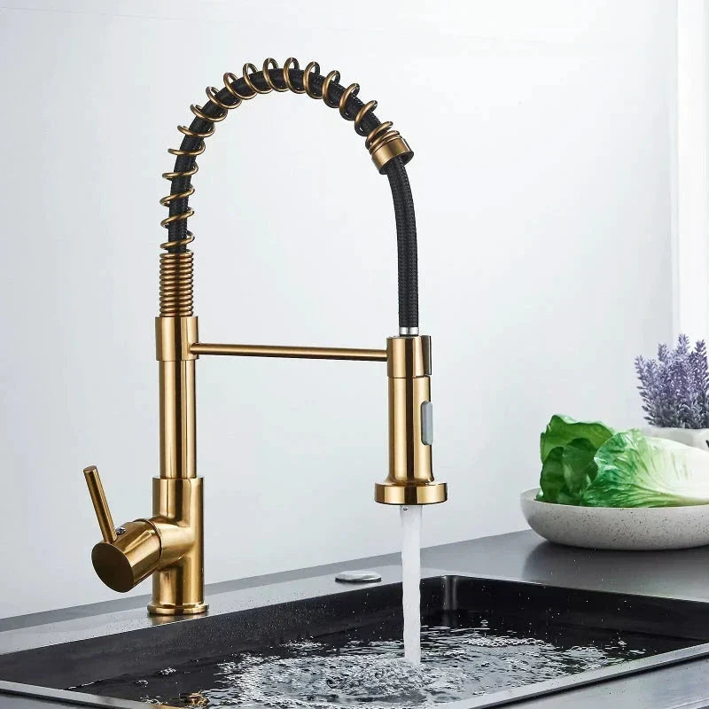 Brushed Gold Spring Pull-Down Kitchen Faucet