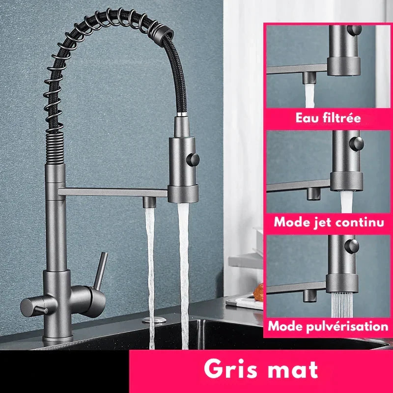 Matte grey kitchen faucet with a clean design
