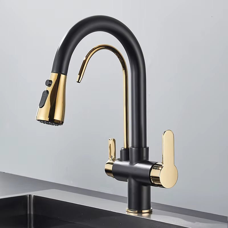 Pull-out shower head showing its length and flexibility of use