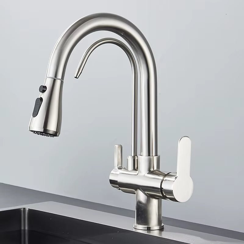 Close-up view of the stainless steel materials of the faucet
