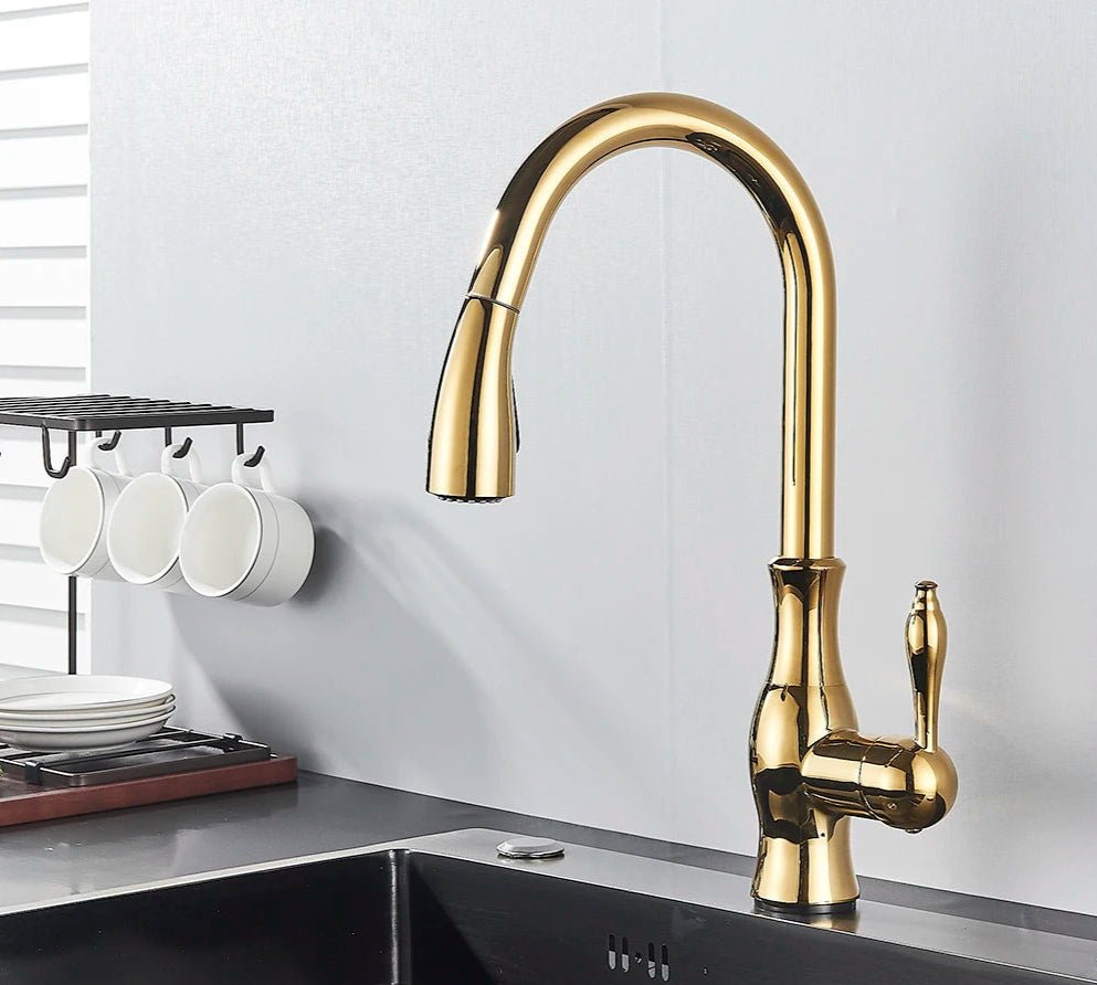 Detail of the 360-degree swivel spout in solid brass
