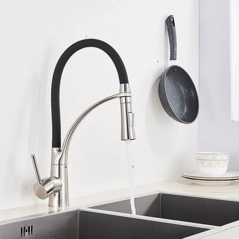 Brushed Nickel Kitchen Faucet with Black Flexible Hose