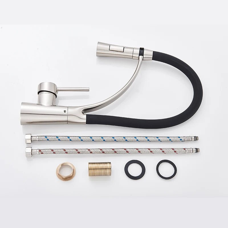 Brushed Nickel Kitchen Faucet with Black Flexible Hose