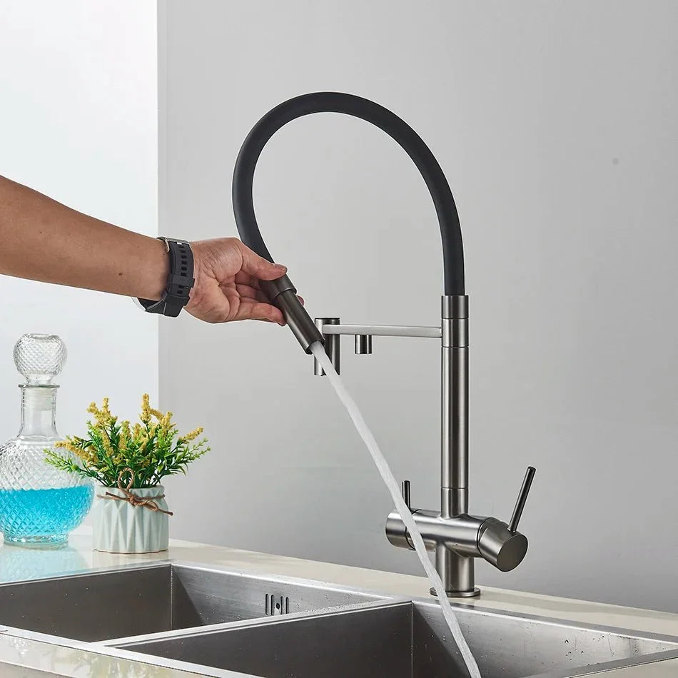 Modern Gunmetal Kitchen Faucet with Flexible Black Spout