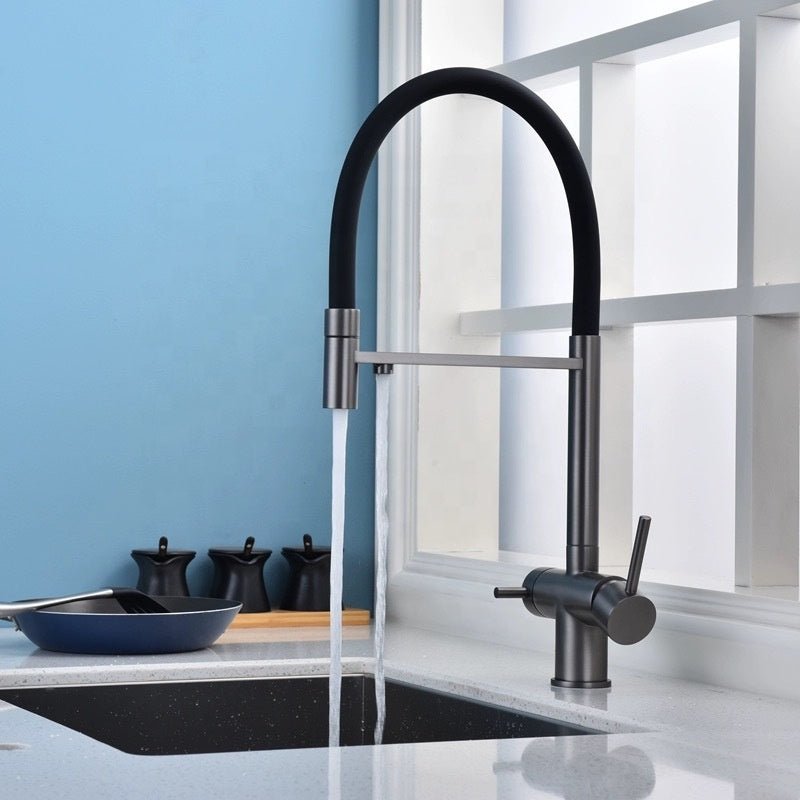 Modern Gunmetal Kitchen Faucet with Flexible Black Spout