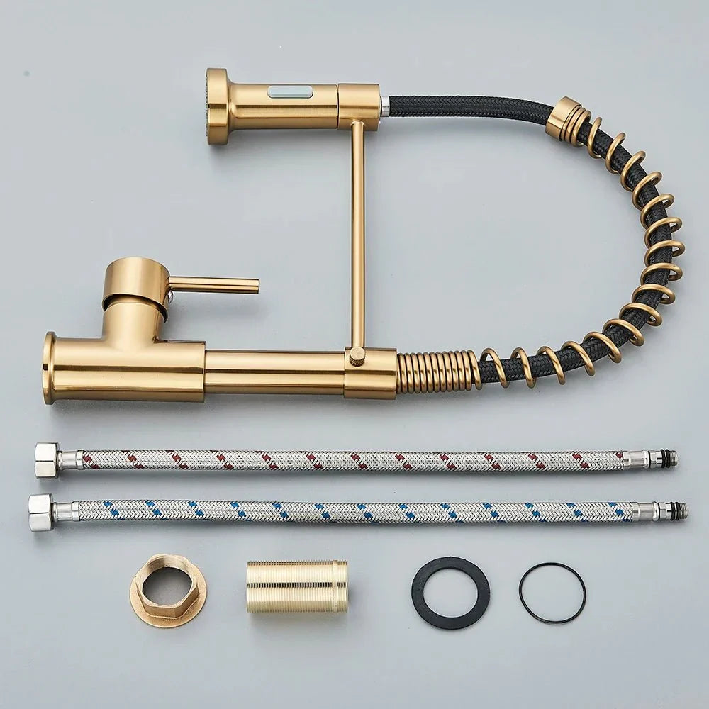 Modern Gold Kitchen Faucet with Black Coil Sprayer