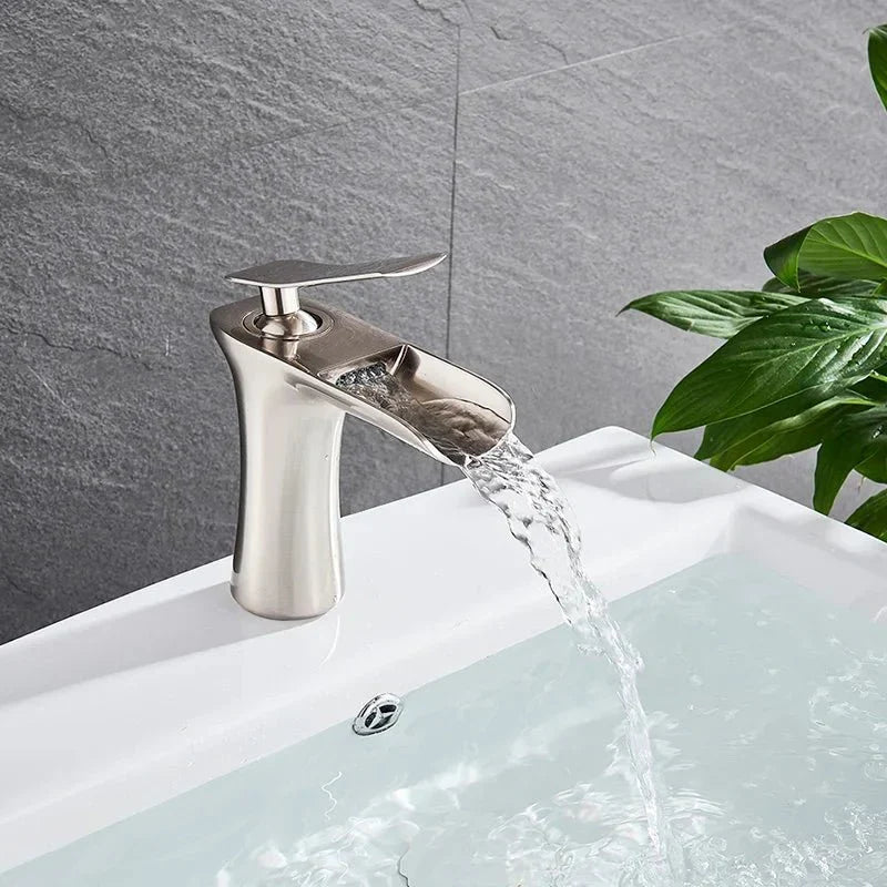 Waterfall faucet with brushed finish, side view