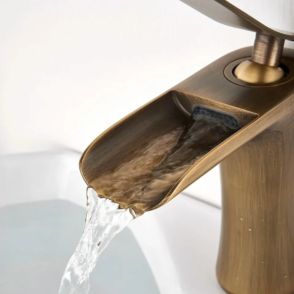 Antique Brass Waterfall Bathroom Faucet Single Handle