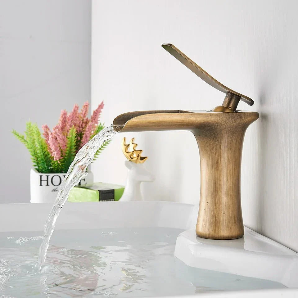 Antique Brass Waterfall Bathroom Faucet Single Handle