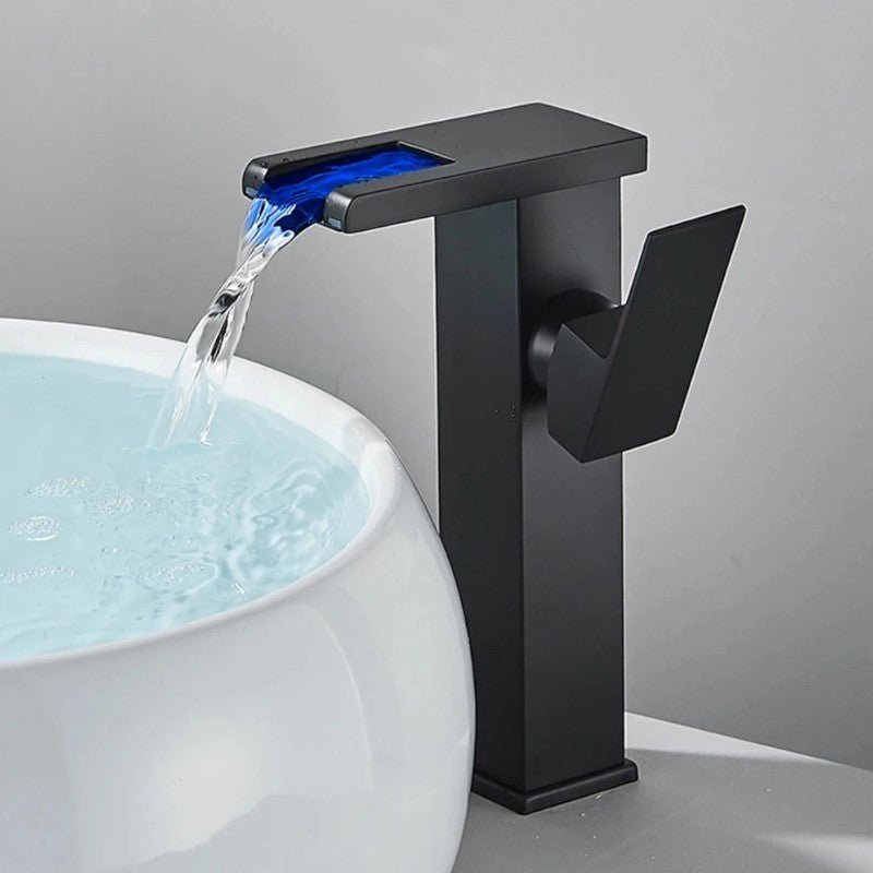 Modern Matte Black Waterfall Basin Faucet with Blue LED