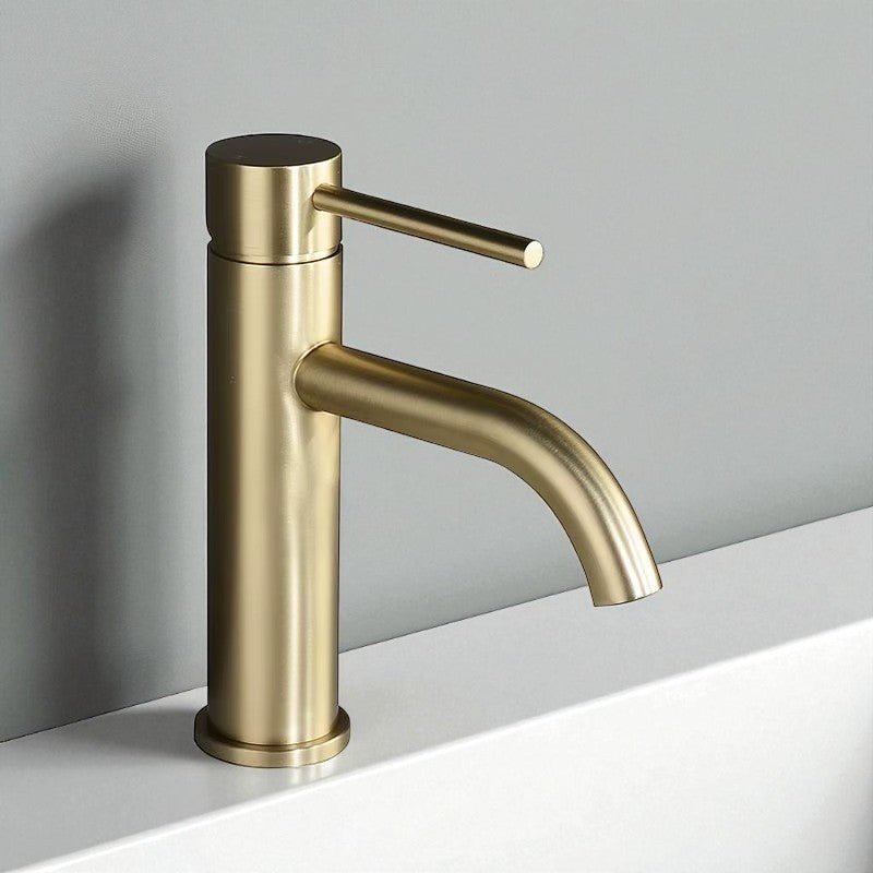 Close-up of the brushed finish of the rose gold faucet
