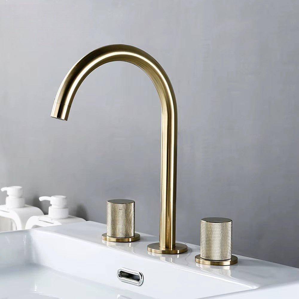 Brushed Gold Gooseneck Basin Faucet with Knurled Handles