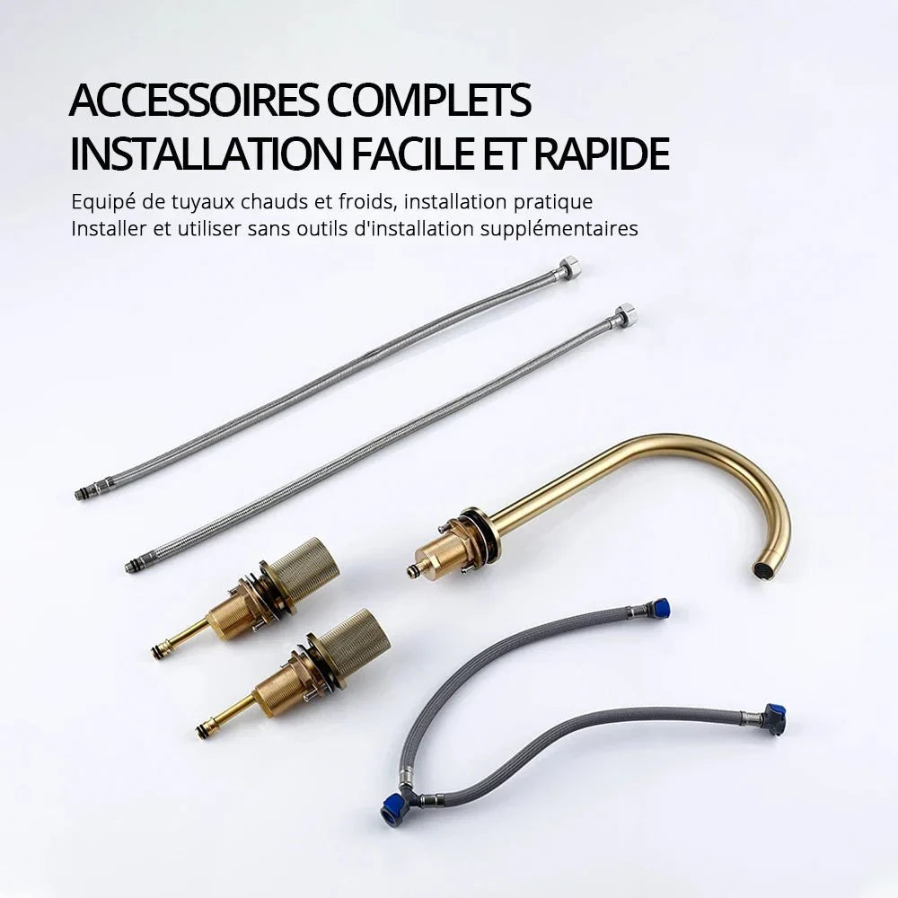 Brushed Gold Gooseneck Basin Faucet with Knurled Handles