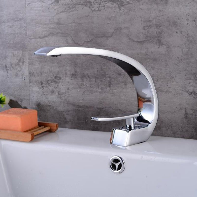 Modern Chrome Bathroom Faucet with Curved Flat Spout