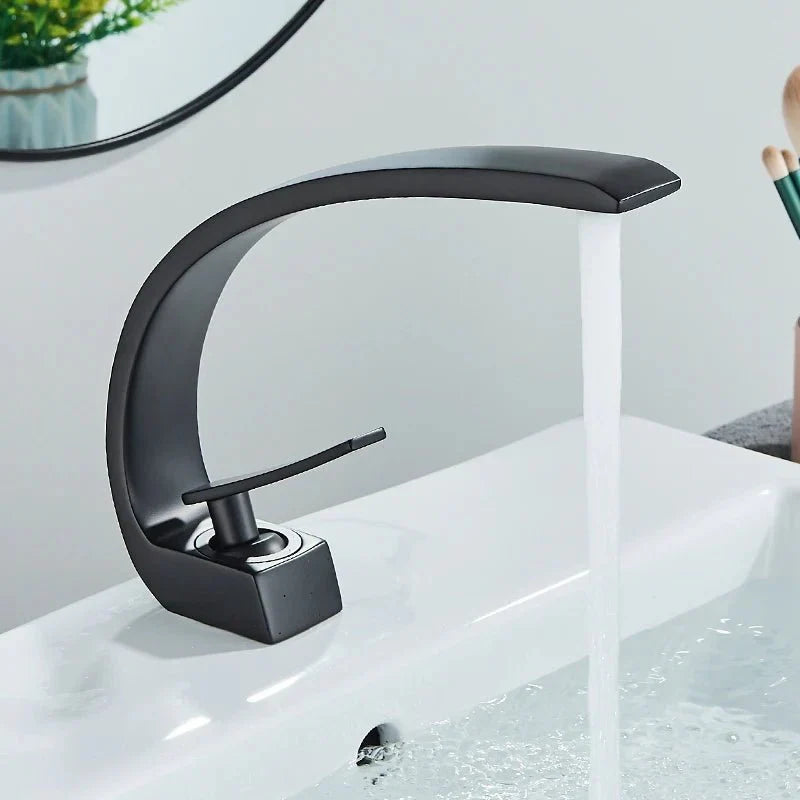 Modern Chrome Bathroom Faucet with Curved Flat Spout