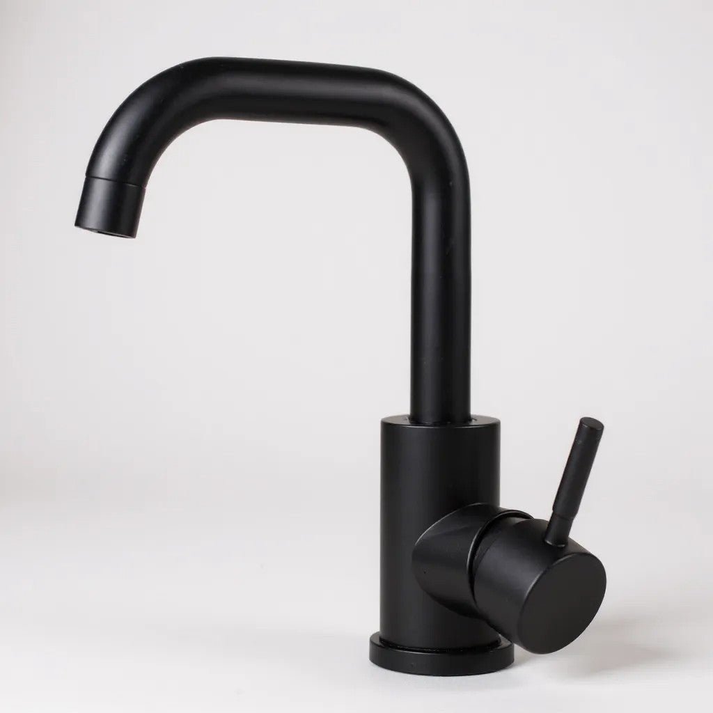 Angled faucet installed on a modern sink
