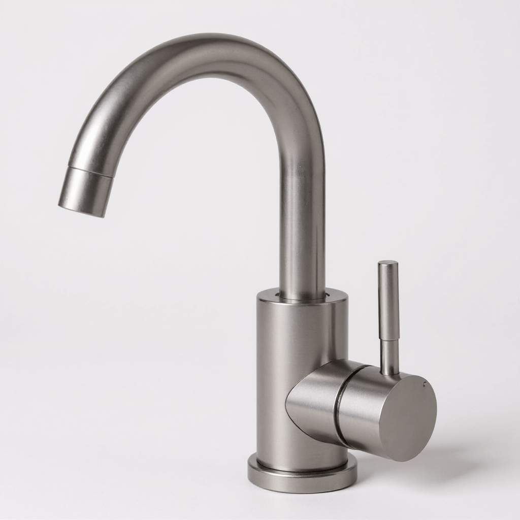 Detail of the rounded spout of the bathroom faucet
