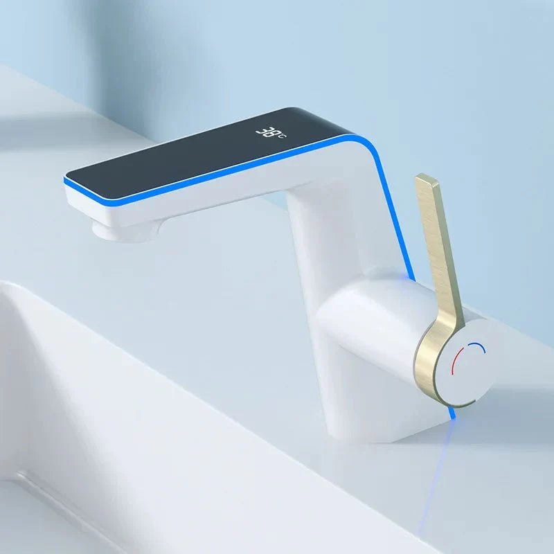 Top view of a tap with a long spout and integrated LED