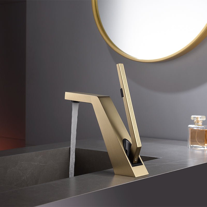 Brass tap with protruding spout and grey finish