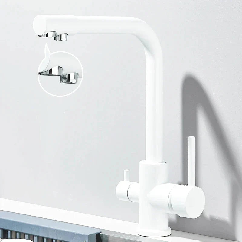 White tap with double outlet, perfect for a bright kitchen