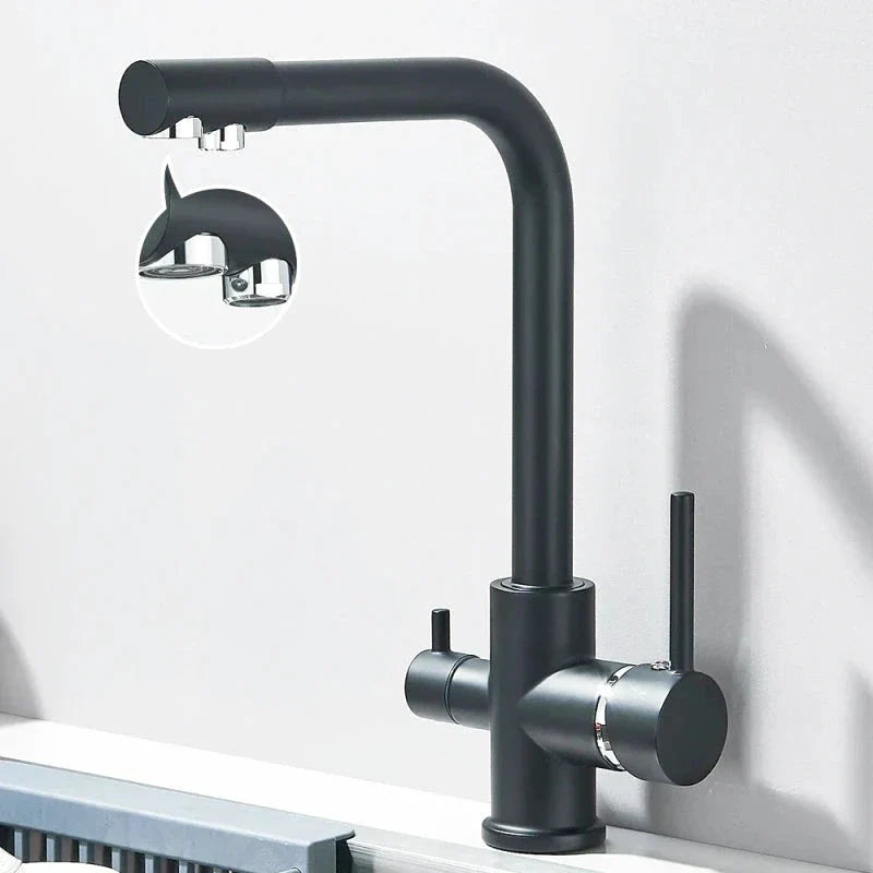 Black and chrome tap with swivel spout, adding a modern touch