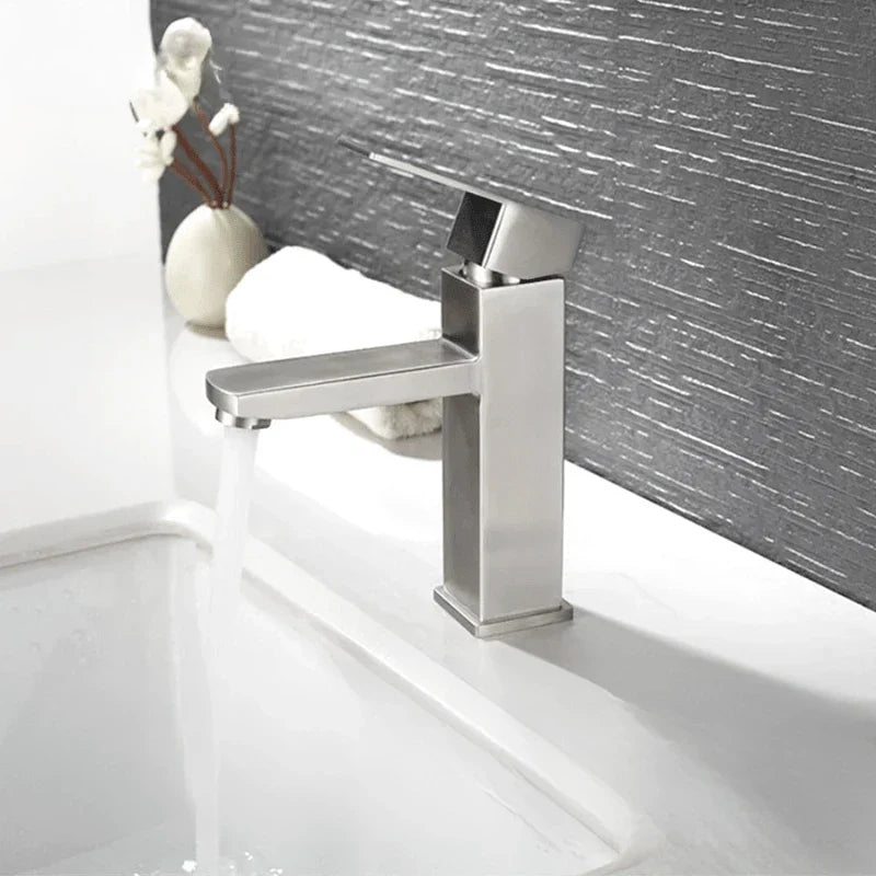 Overview of a brushed stainless steel faucet, timeless style