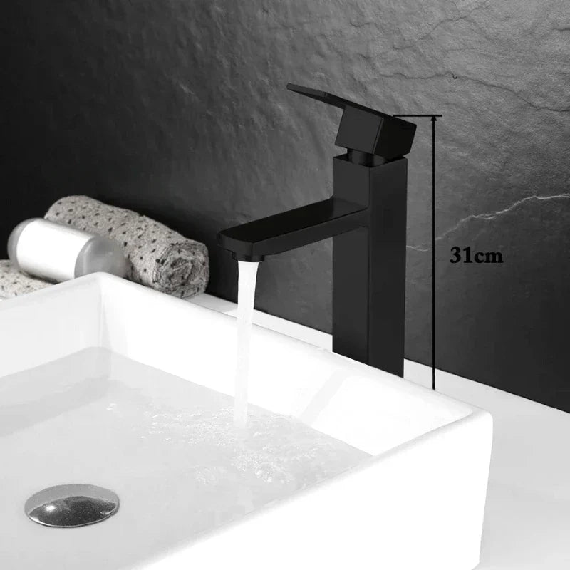 Side view of a tall black brushed stainless steel tap