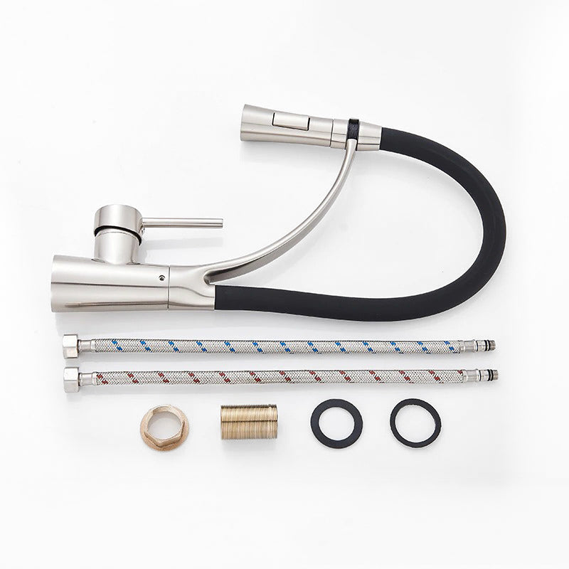 Brushed Nickel Pull-Down Faucet with Flexible Black Hose