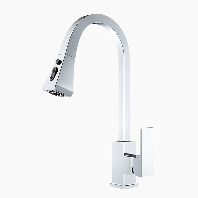 Modern Polished Chrome Gooseneck Pull-Down Kitchen Faucet