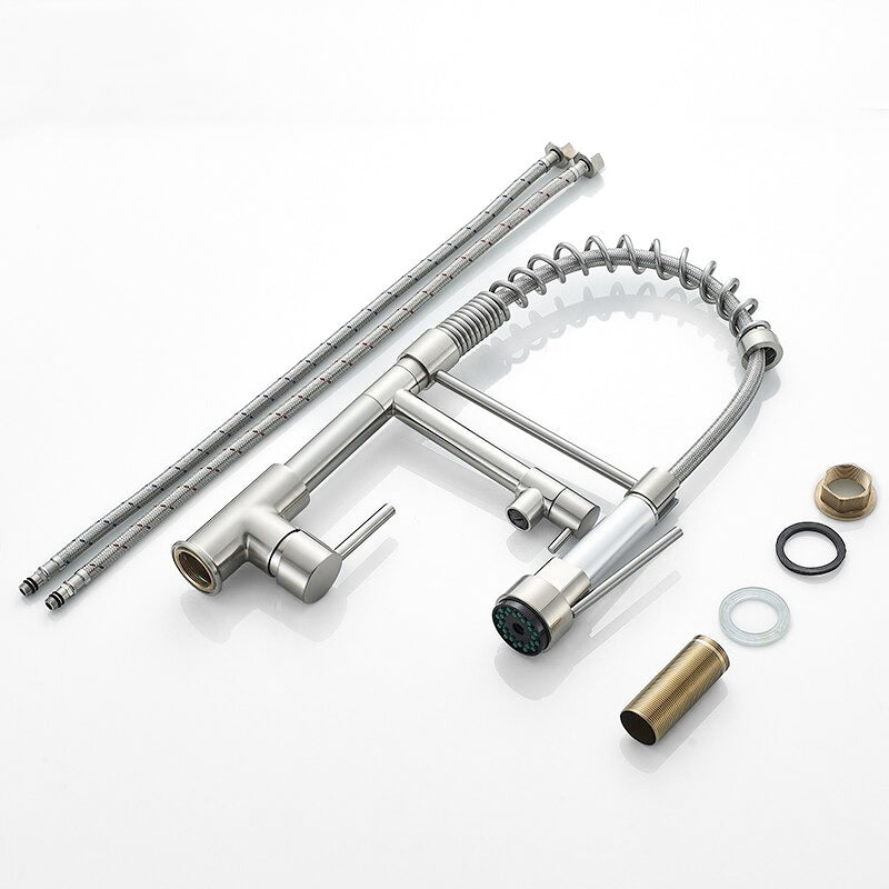 Brushed Nickel Spring Spout Kitchen Faucet with Pot Filler