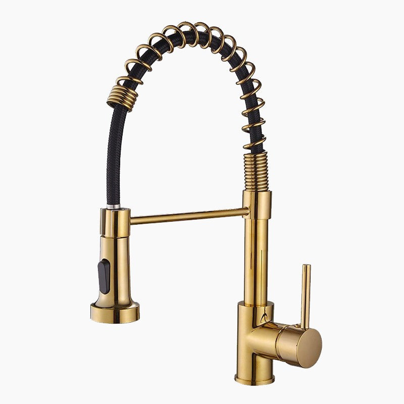 Gold Kitchen Faucet with Black Spring Pull-Down Sprayer
