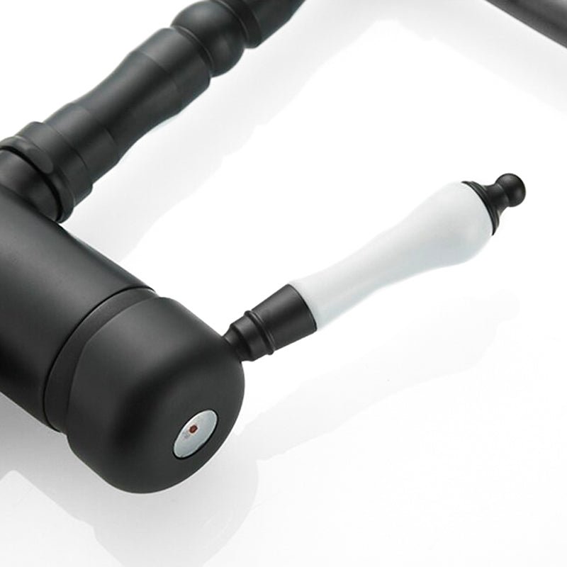Traditional Matte Black Kitchen Faucet with White Handle