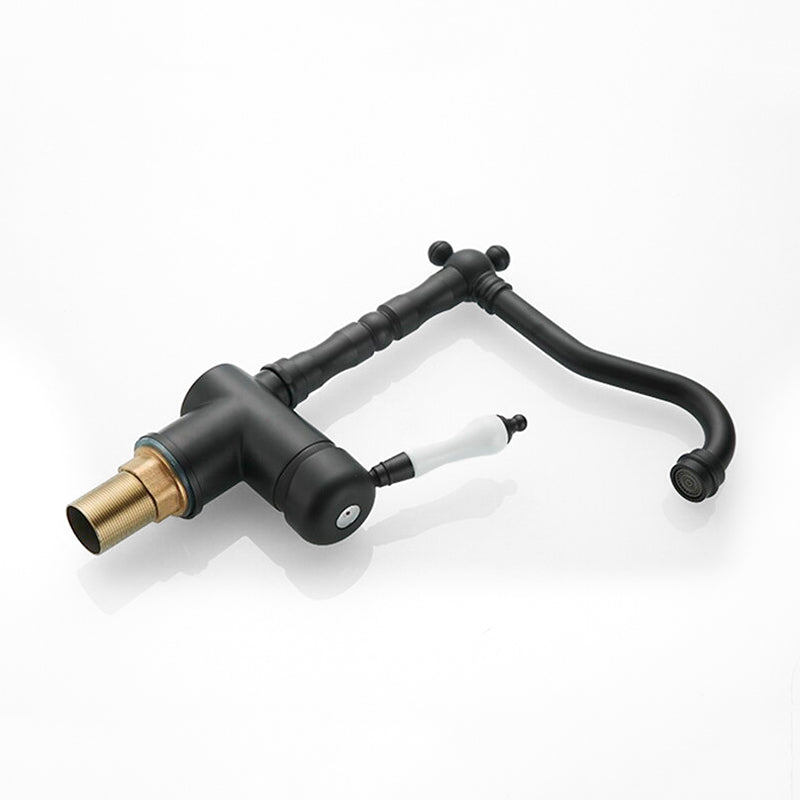 Traditional Matte Black Kitchen Faucet with White Handle