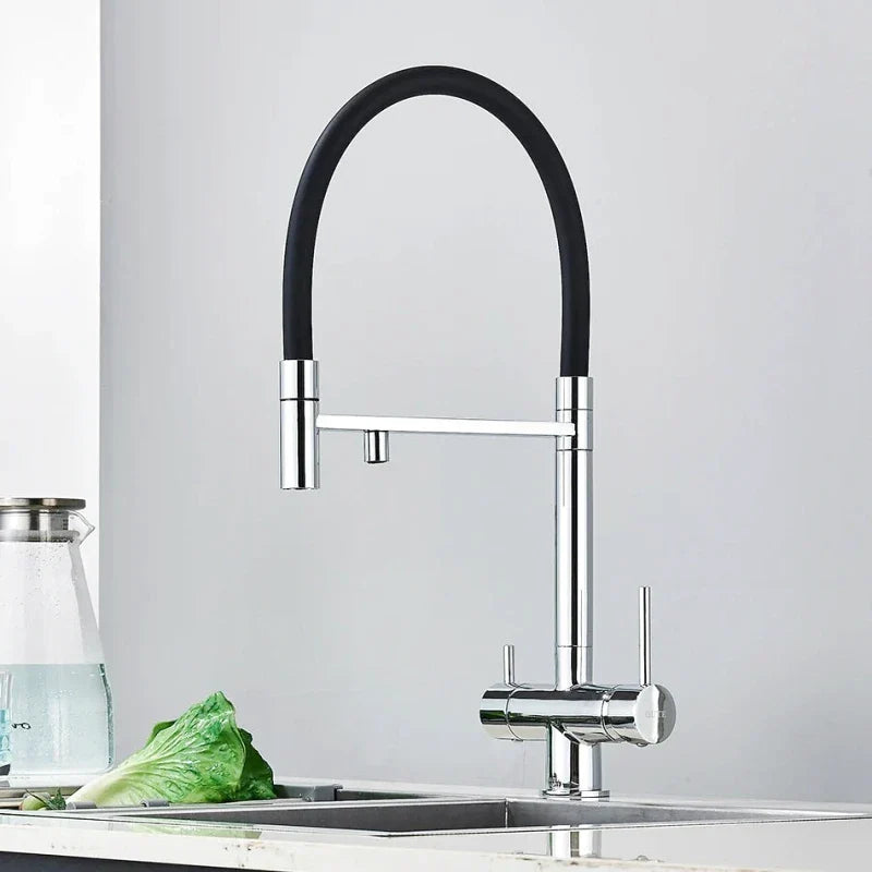 Polished chrome kitchen tap with reflective surface