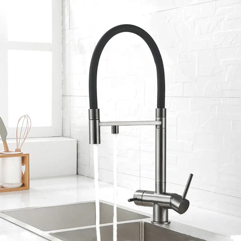 Overview of a matte grey faucet with a modern design